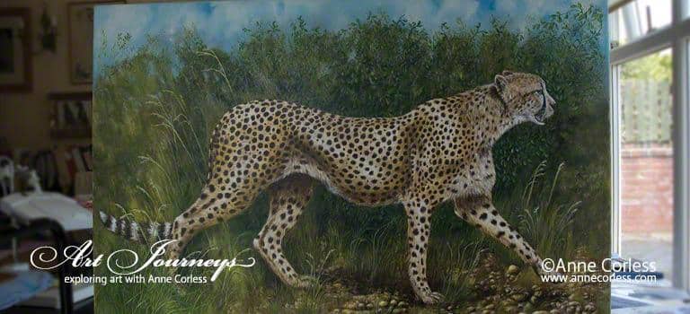Oil paintign of a cheetah running by Anne Corless painted using Michael Harding oil paints on canvas