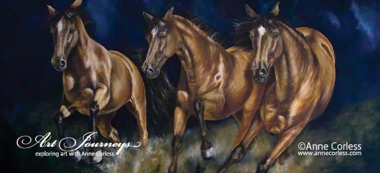 Oil painting by Anne Corless of horses running. Painted using Michael Harding oils on linene