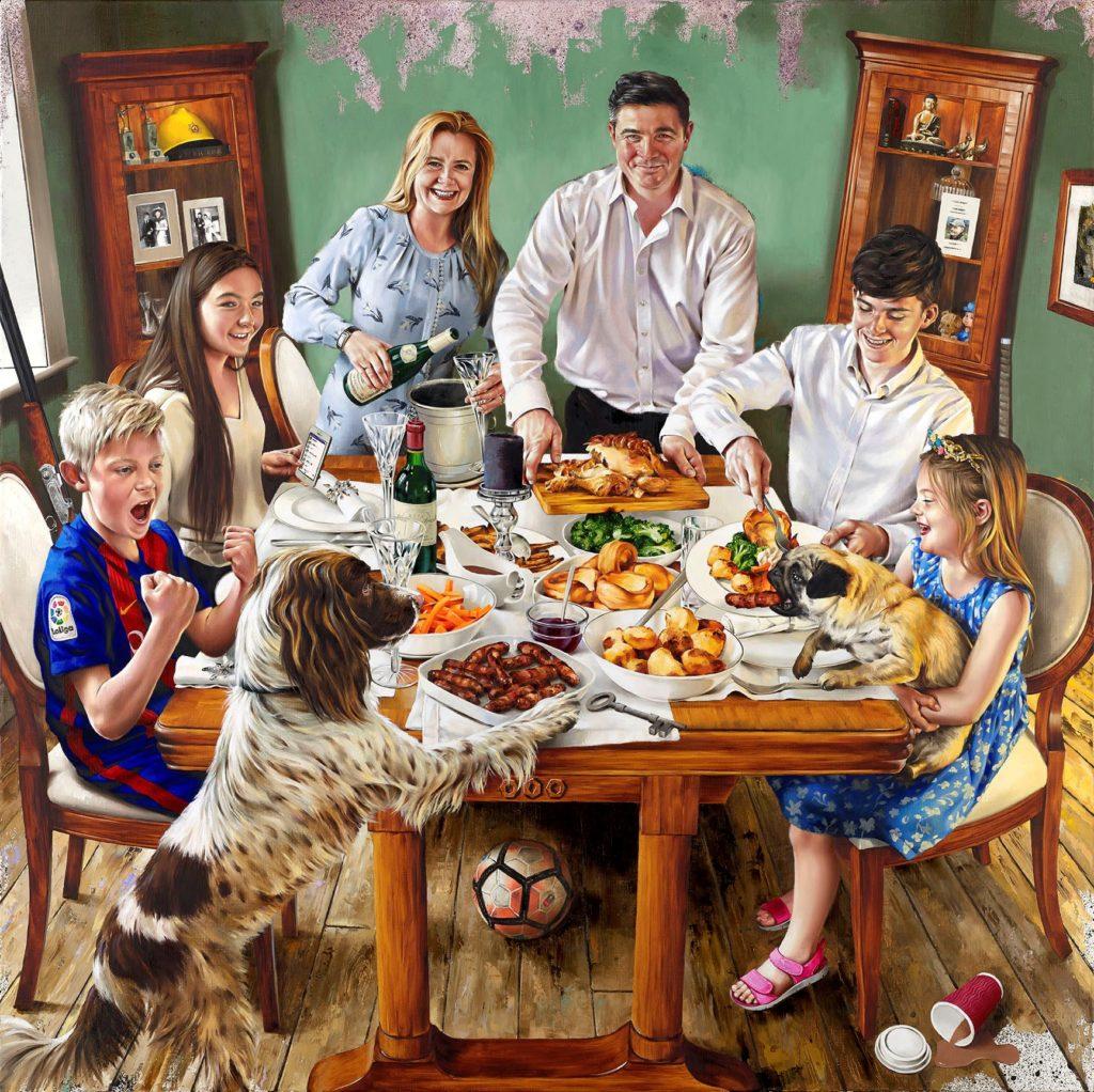 Group portrait by Morgan Penn of a family having a roast dinner.  Created with Michael Harding oil paints