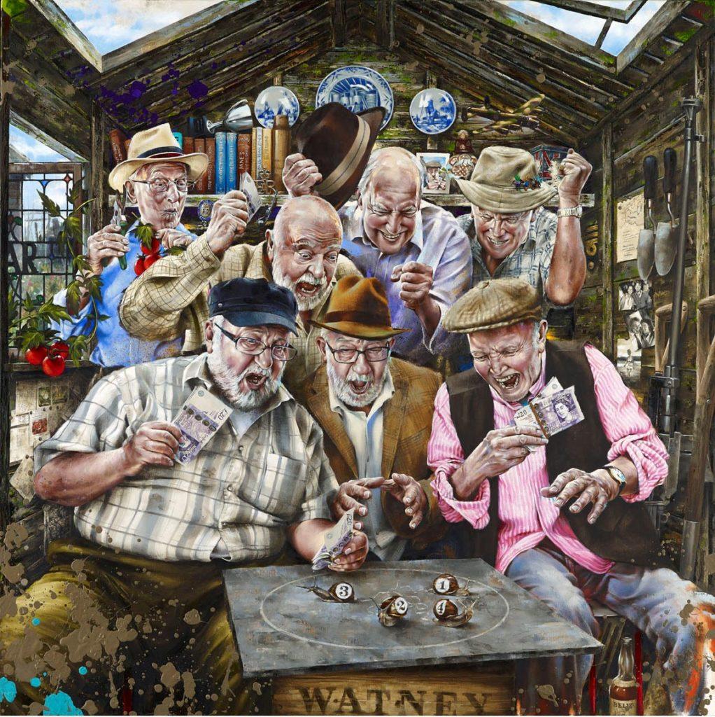 Portrait and figure study of men betting on a snail race. Painted by Morgan Penn using Michael Harding oil paints