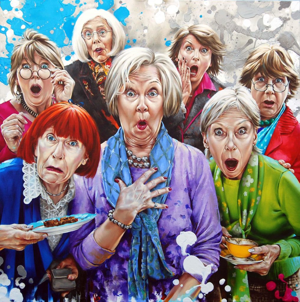Painting by Morgan Penn of a group of shocked ladies. Titled "Ladies!" and painted using Michael Harding oil paints