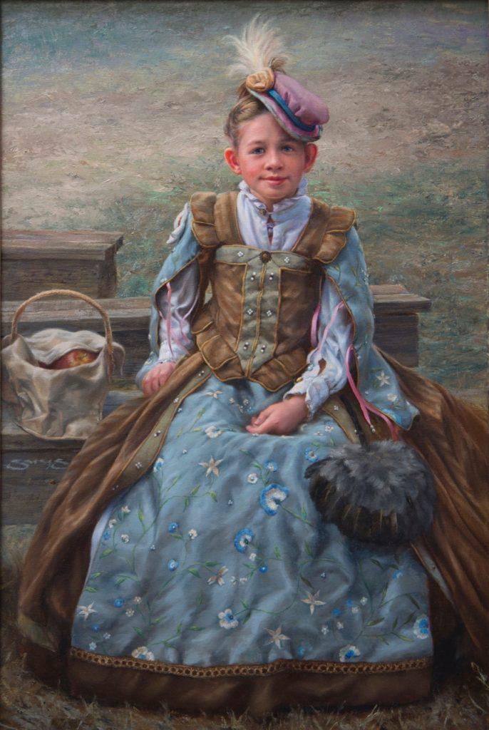 Painting of a girl in fine clothing waiting for the fair. Created by Bill Suys with Michael Harding oils and entitled "Awaitingthe Faire"