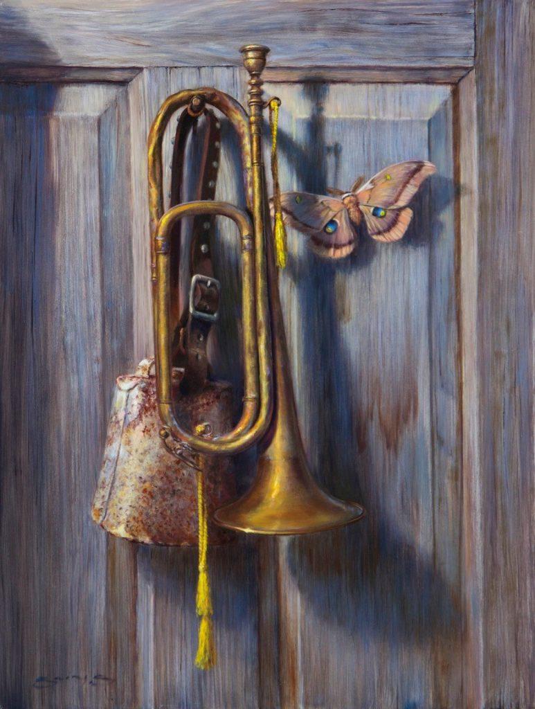 Oil painting of a brass horn and butterfly on a door entitled "Eyes and Sound". Painted by Bill Suys using Michael Harding oils