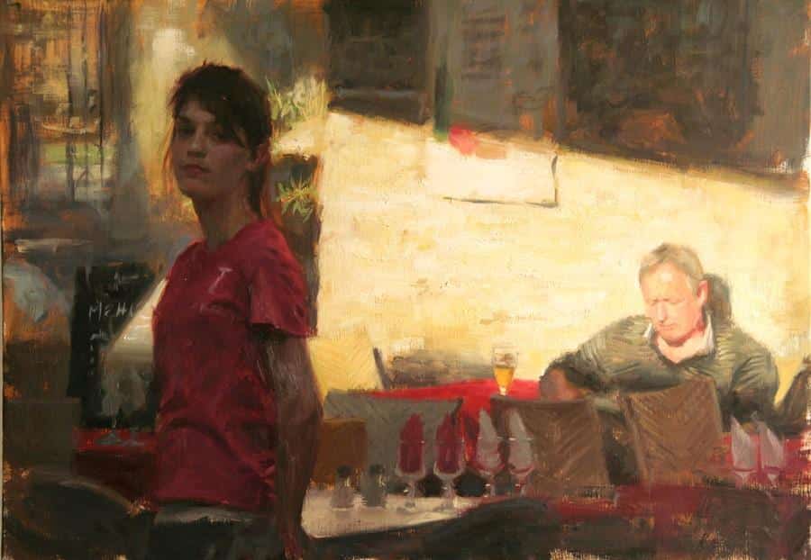 Figurative painting of a waitress and customer in a cafe in La cité, Carcassonne, France. Aldo balding used Michael Harding oil paints on linen.