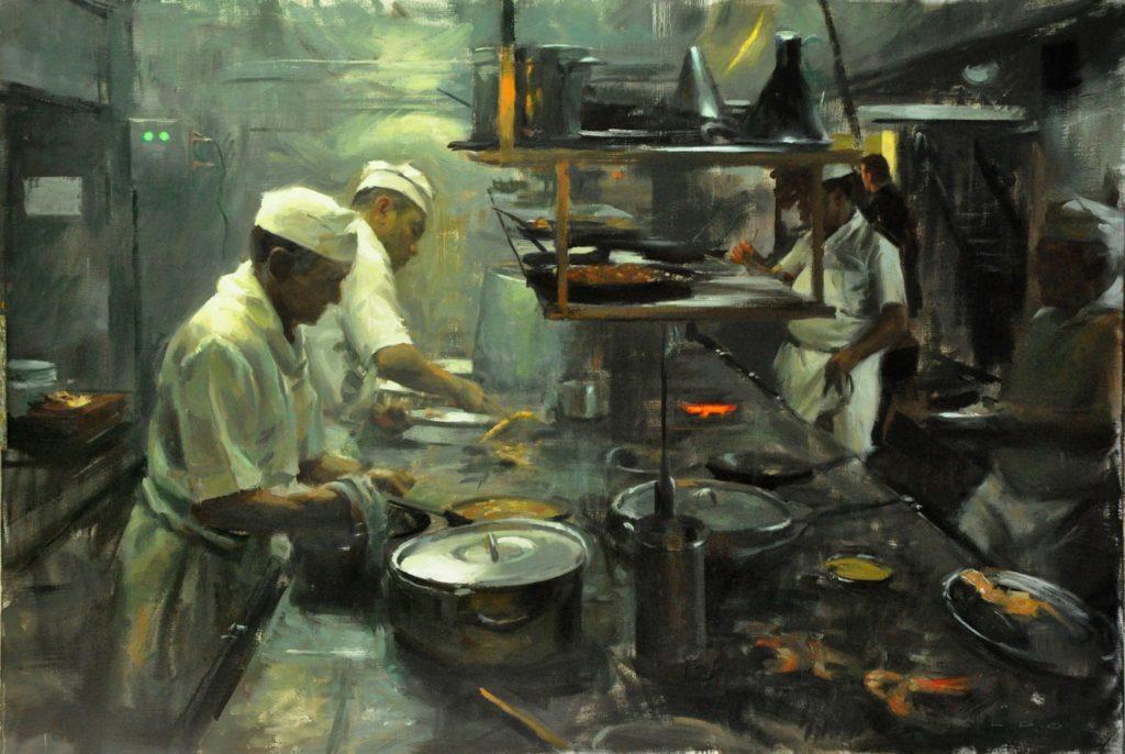 Oil Painting of a busy kitchen by Aldo Balding using Michael Harding oil paints on linen. 90cm x 130cm