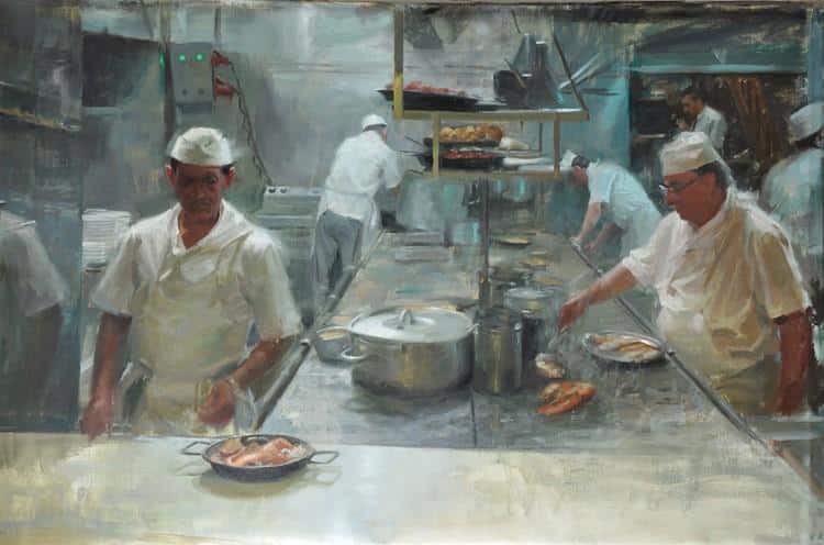 Oil Painting of a busy kitchen by Aldo Balding using Michael Harding oil paints on linen. 90cm x 130cm