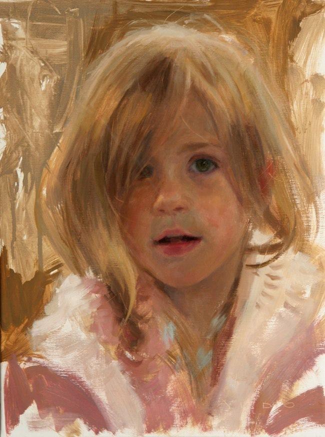An oil portrait commission of an eight year old girl by Aldo Balding using Michael; Harding oil paints. Oil on linen 45cmx35cm