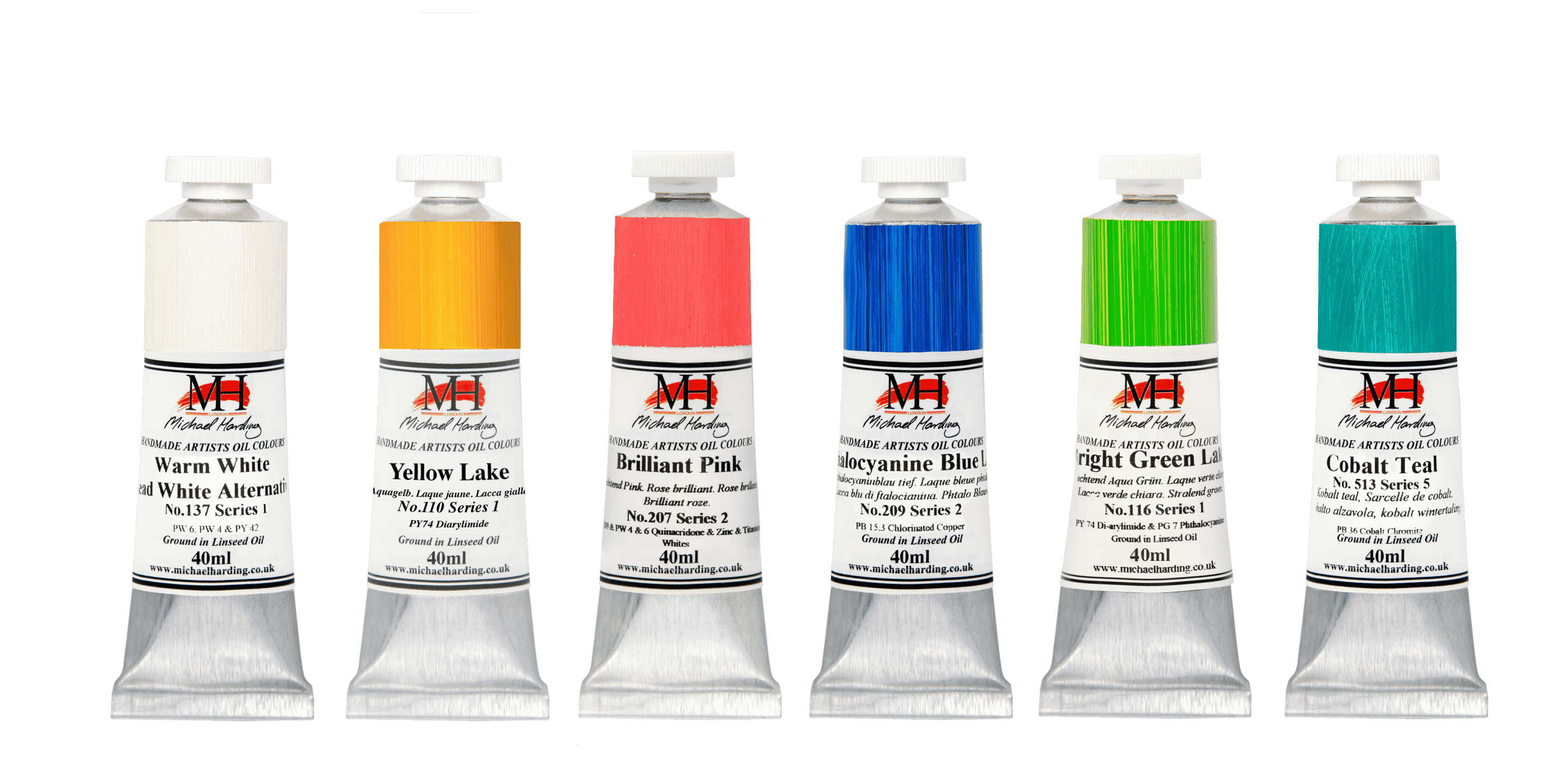Michael Harding Bermuda/Tropical 6 oil colour paint set. Warm White, Yellow Lake, Brilliant Pink, Bright Green Lake, Cobalt Teal, and Pthalo Blue & Zinc White.